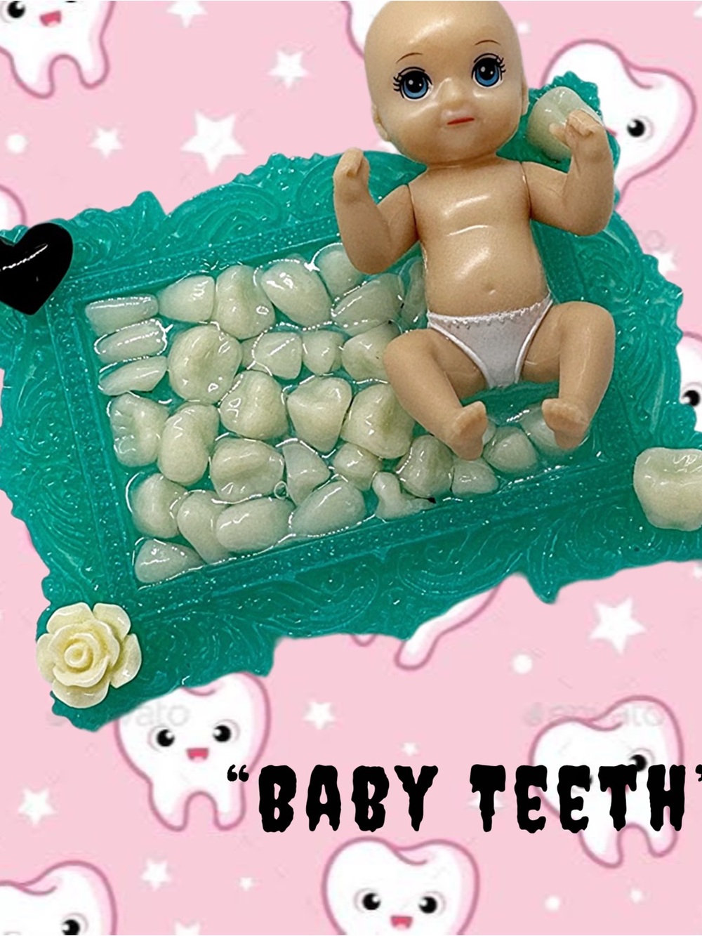 “Baby Teeth”  Handmade Resin Mini Framed Mixed Media Weird Wall Art or Magnet
